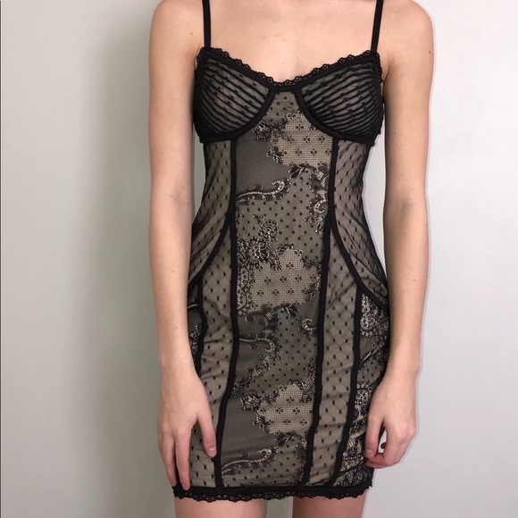 lacy black and tan sexy bodycon dress from bebe - Picture 1 of 4